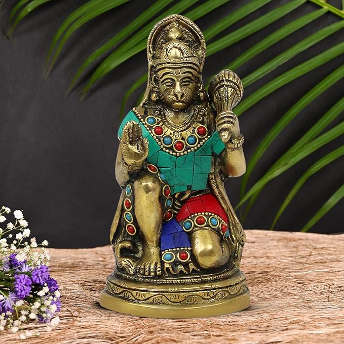 Brassaura™ Gemstone Crafted Brass Hanuman Murti – Height 6.8 Inches & Weight 1 Kgs | Temple Collection
