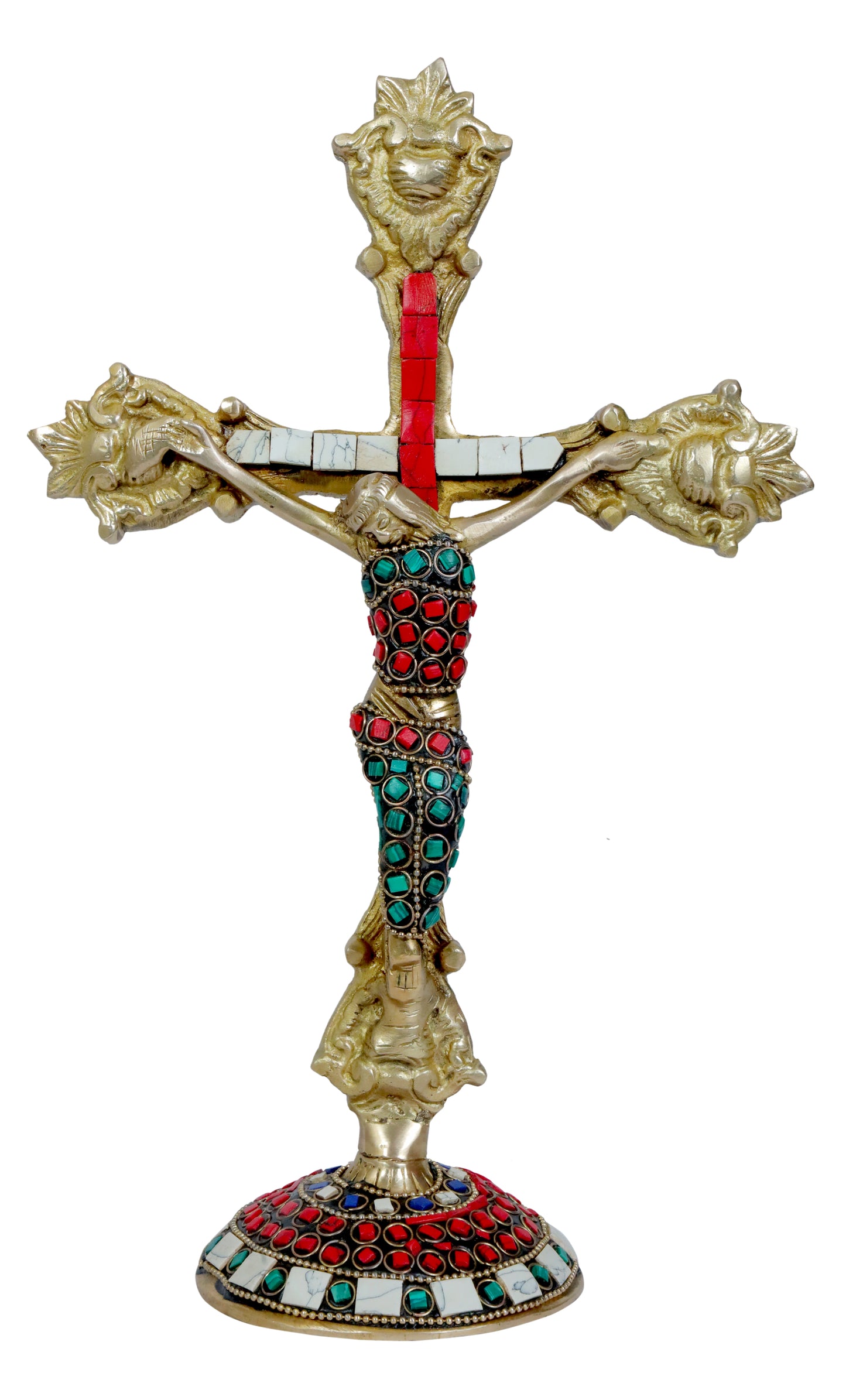 Holy Gem Stone Work Cross Jesus Christ Brass Idol for Home Living Weight 900 Gram Height 33 cm