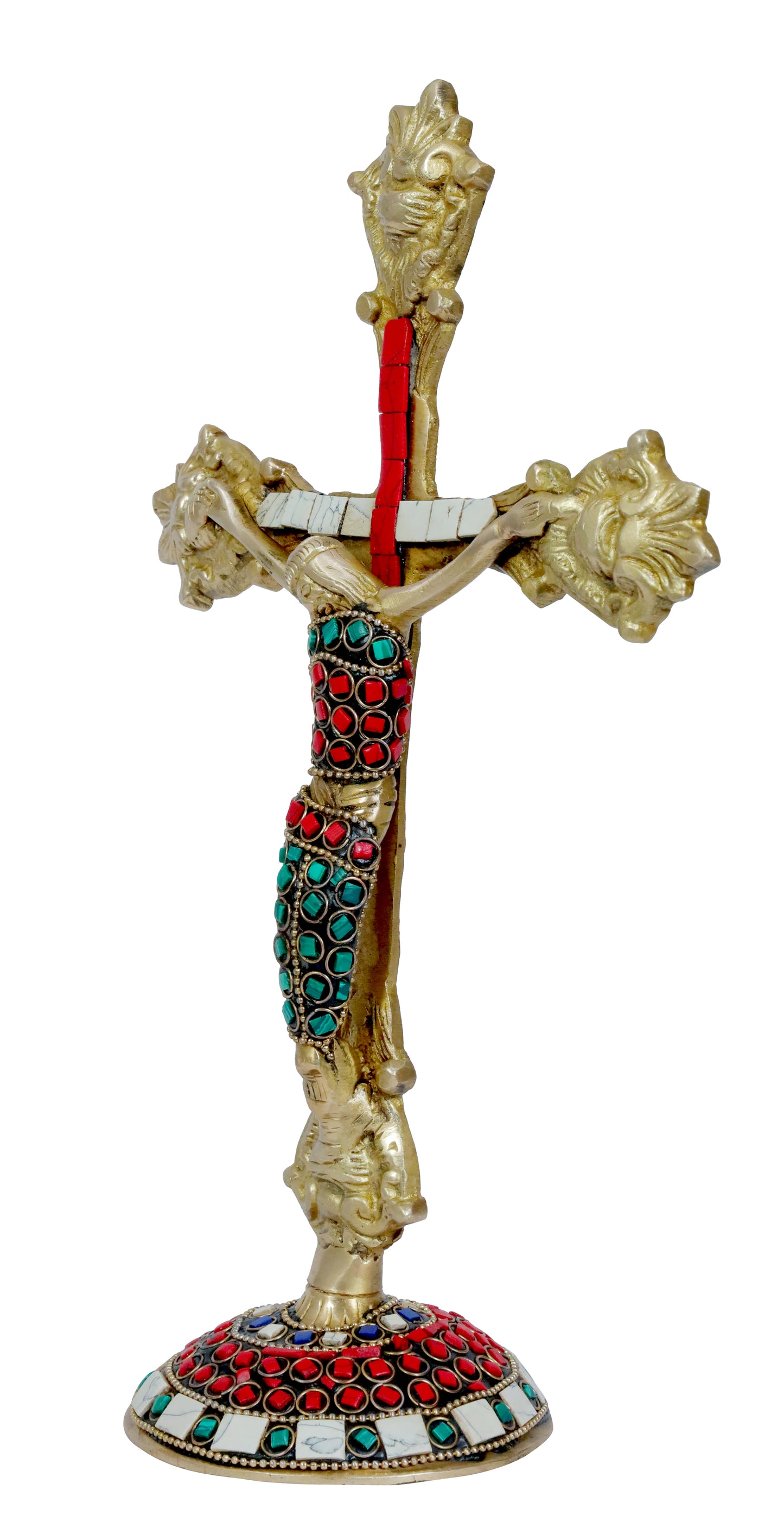 Holy Gem Stone Work Cross Jesus Christ Brass Idol for Home Living Weight 900 Gram Height 33 cm