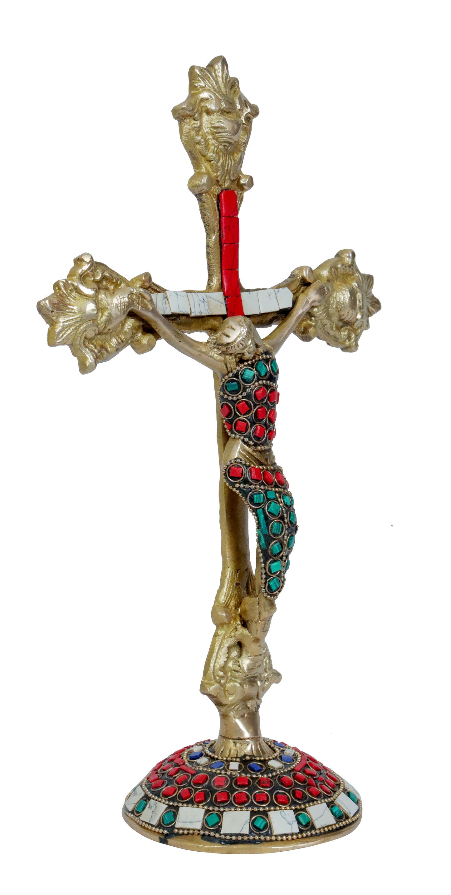 Holy Gem Stone Work Cross Jesus Christ Brass Idol for Home Living Weight 900 Gram Height 33 cm