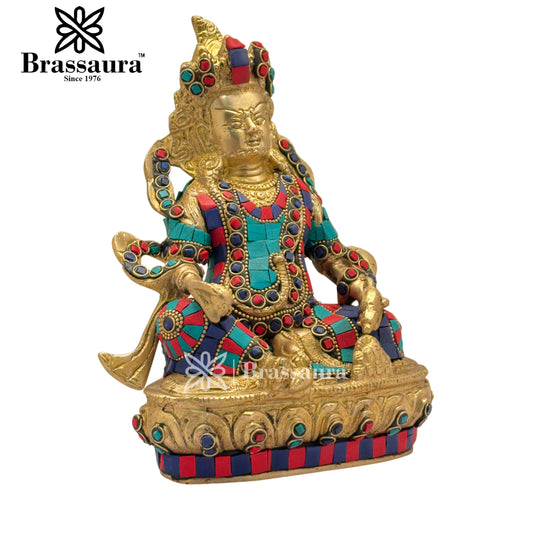 Brassaura™ Brass Gem Stone Work Kuber Idol – Height 12 Inches & Weight 4.3 Kgs | Meditation & Worship Space Accent
