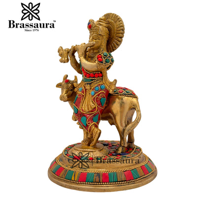 Brass Gem Stone Work Krishna Playing Flute Weight 2.2 Kg & Height 7.5 Inch