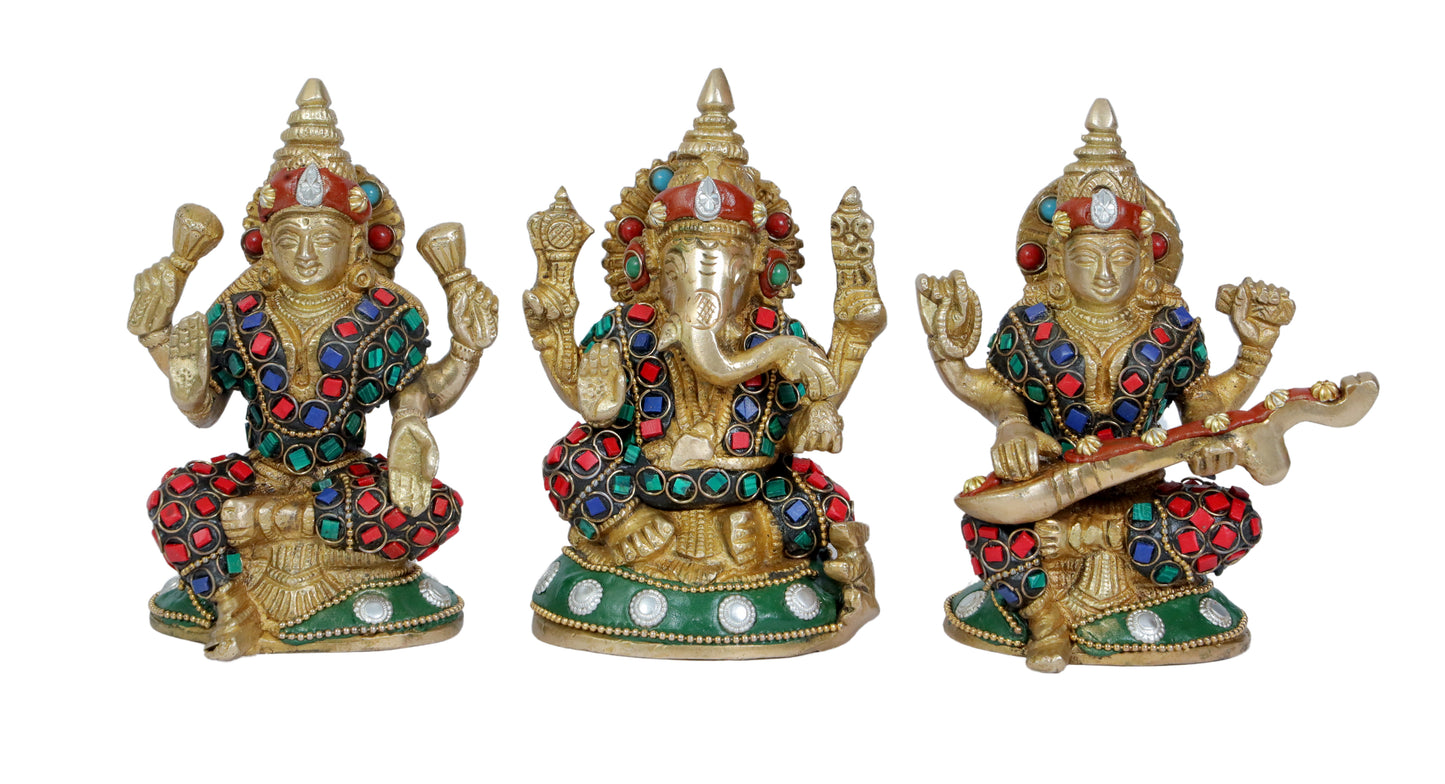 Brass Gem Stone Work Laxmi Ganesha Saraswati Murti for Home and Decor Height 17 cm Weight 2.35 Kg