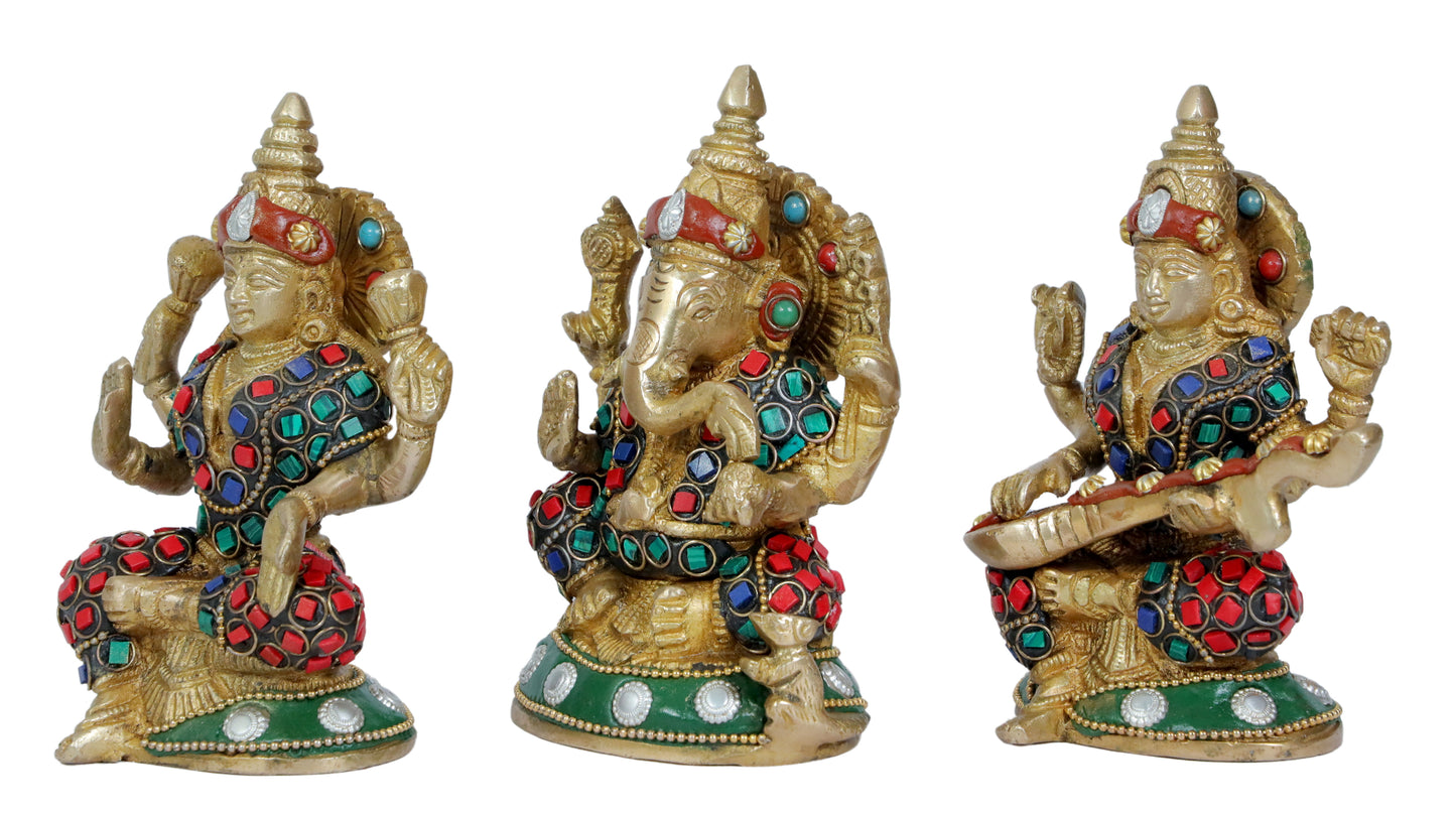 Brass Gem Stone Work Laxmi Ganesha Saraswati Murti for Home and Decor Height 17 cm Weight 2.35 Kg