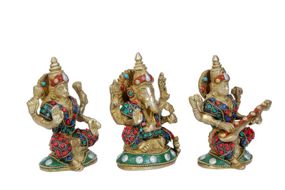 Brass Gem Stone Work Laxmi Ganesha Saraswati Murti for Home and Decor Height 17 cm Weight 2.35 Kg