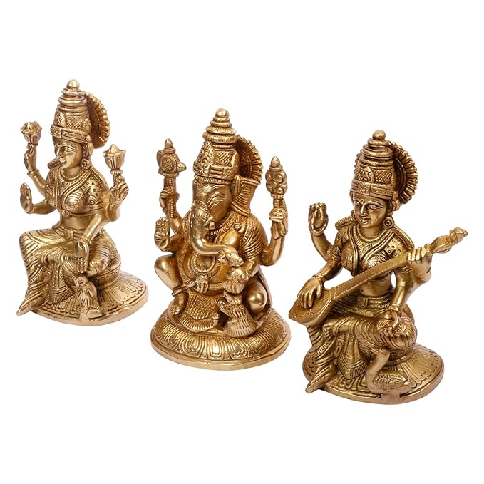 Brass Laxmi Ganesha Saraswati Murti for Home and Decor Show Piece for Living Room Height 18 cm Weight 4.8 Kg