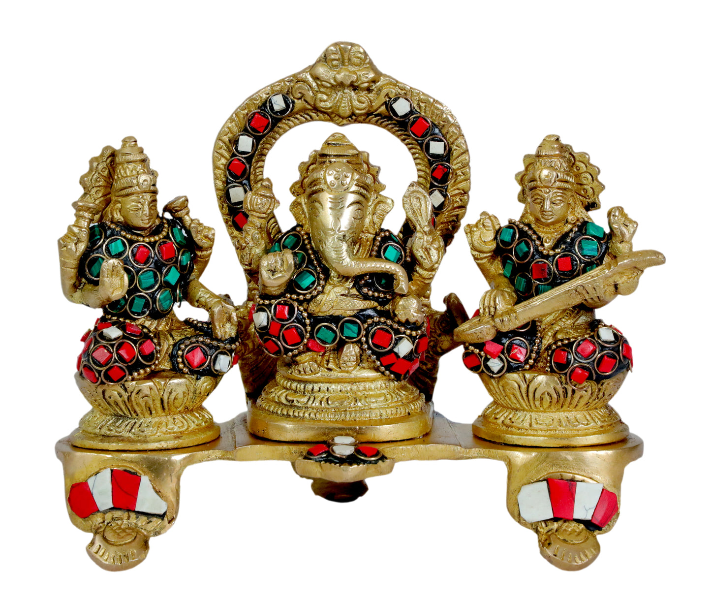 Brass Gem Stone Work Laxmi Ganesha Saraswati Murti for Home and Decor Height 19 cm Weight 1.3 Kg