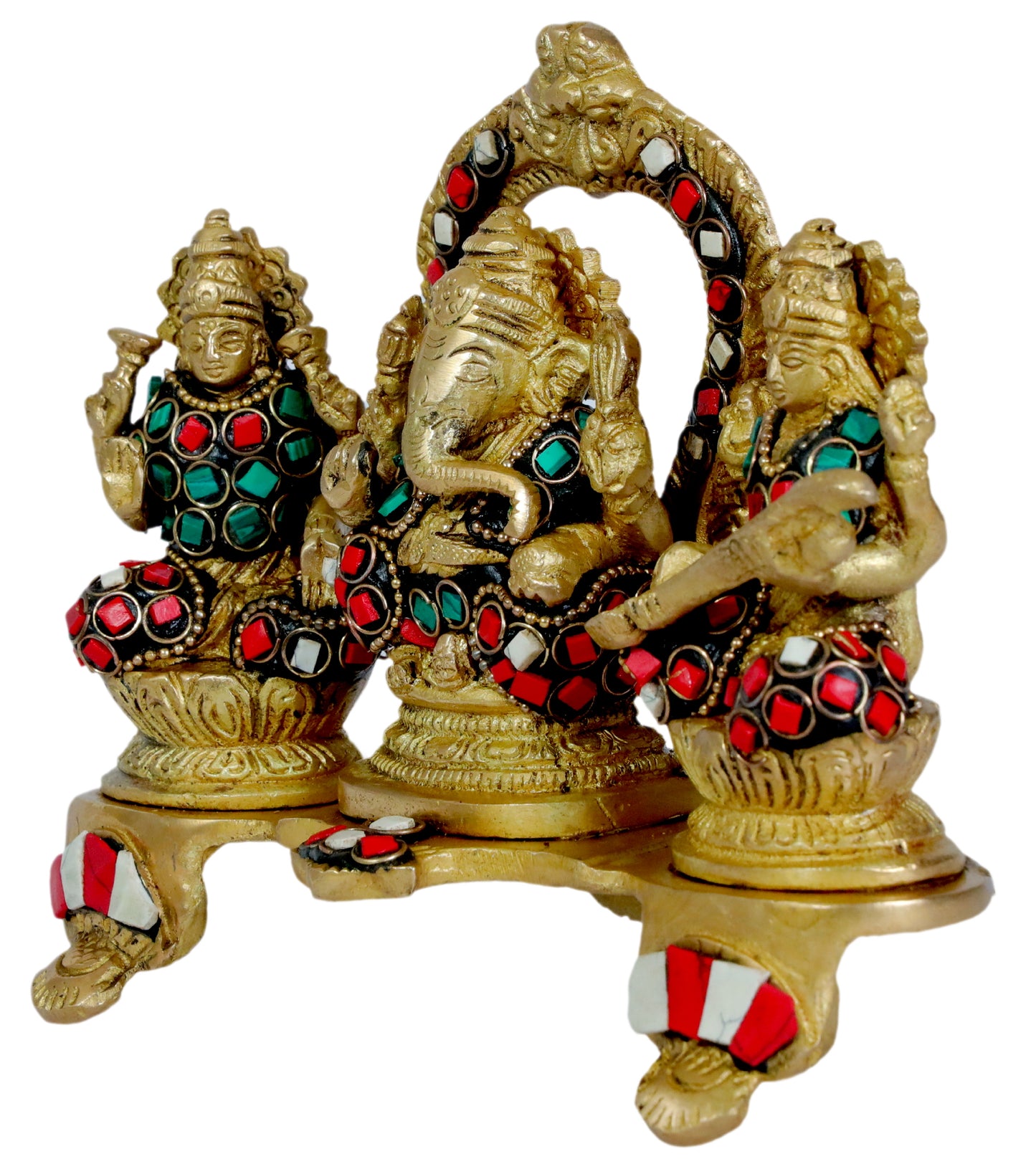 Brass Gem Stone Work Laxmi Ganesha Saraswati Murti for Home and Decor Height 19 cm Weight 1.3 Kg