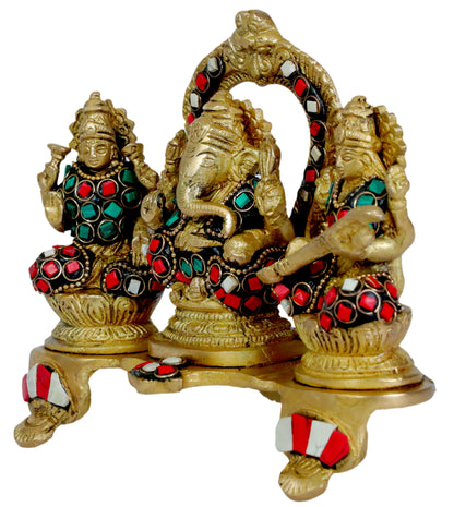 Brass Gem Stone Work Laxmi Ganesha Saraswati Murti for Home and Decor Height 19 cm Weight 1.3 Kg