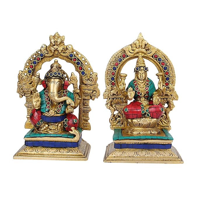 Brassaura™ Brass Gem Stone Work Laxmi Ganesha Idol – Height 4 Inches & Weight 3 Kgs | Hindu God Statue