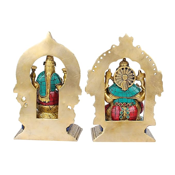 Brassaura™ Brass Gem Stone Work Laxmi Ganesha Idol – Height 4 Inches & Weight 3 Kgs | Hindu God Statue