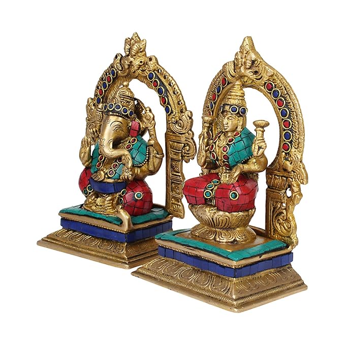 Brassaura™ Brass Gem Stone Work Laxmi Ganesha Idol – Height 4 Inches & Weight 3 Kgs | Hindu God Statue
