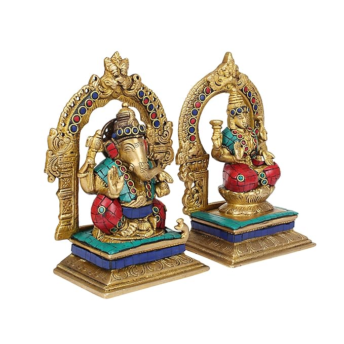 Brassaura™ Brass Gem Stone Work Laxmi Ganesha Idol – Height 4 Inches & Weight 3 Kgs | Hindu God Statue