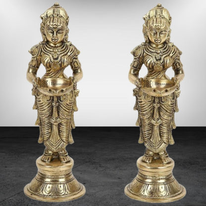 Brass Deep Laxmi Pair Meenakshi Devi Figurine Pair Holding Oil Diya for Pooja Height 25 cm Weight 3 Kg