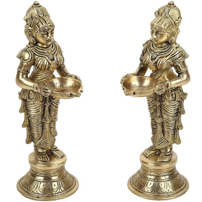 Brass Deep Laxmi Pair Meenakshi Devi Figurine Pair Holding Oil Diya for Pooja Height 25 cm Weight 3 Kg