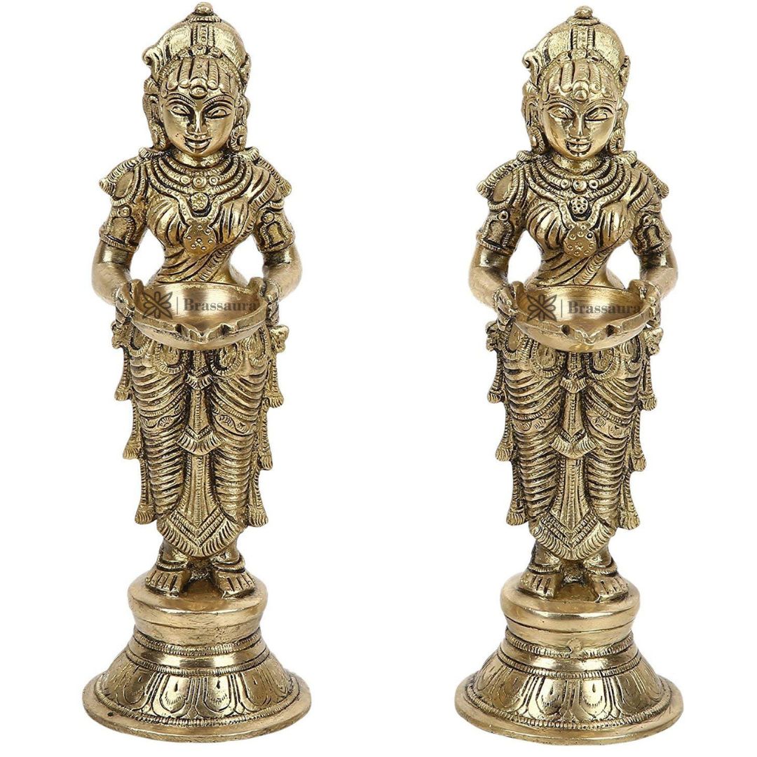 Brass Deep Laxmi Pair Meenakshi Devi Figurine Pair Holding Oil Diya for Pooja Height 25 cm Weight 3 Kg