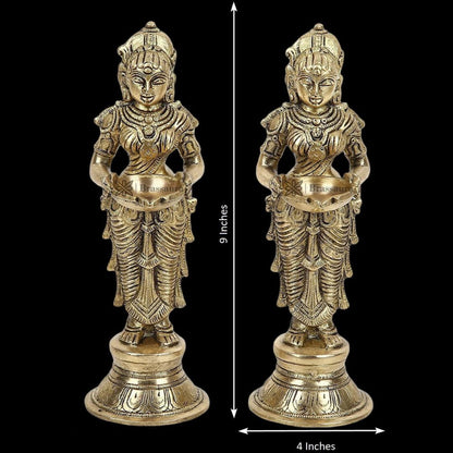 Brass Deep Laxmi Pair Meenakshi Devi Figurine Pair Holding Oil Diya for Pooja Height 25 cm Weight 3 Kg