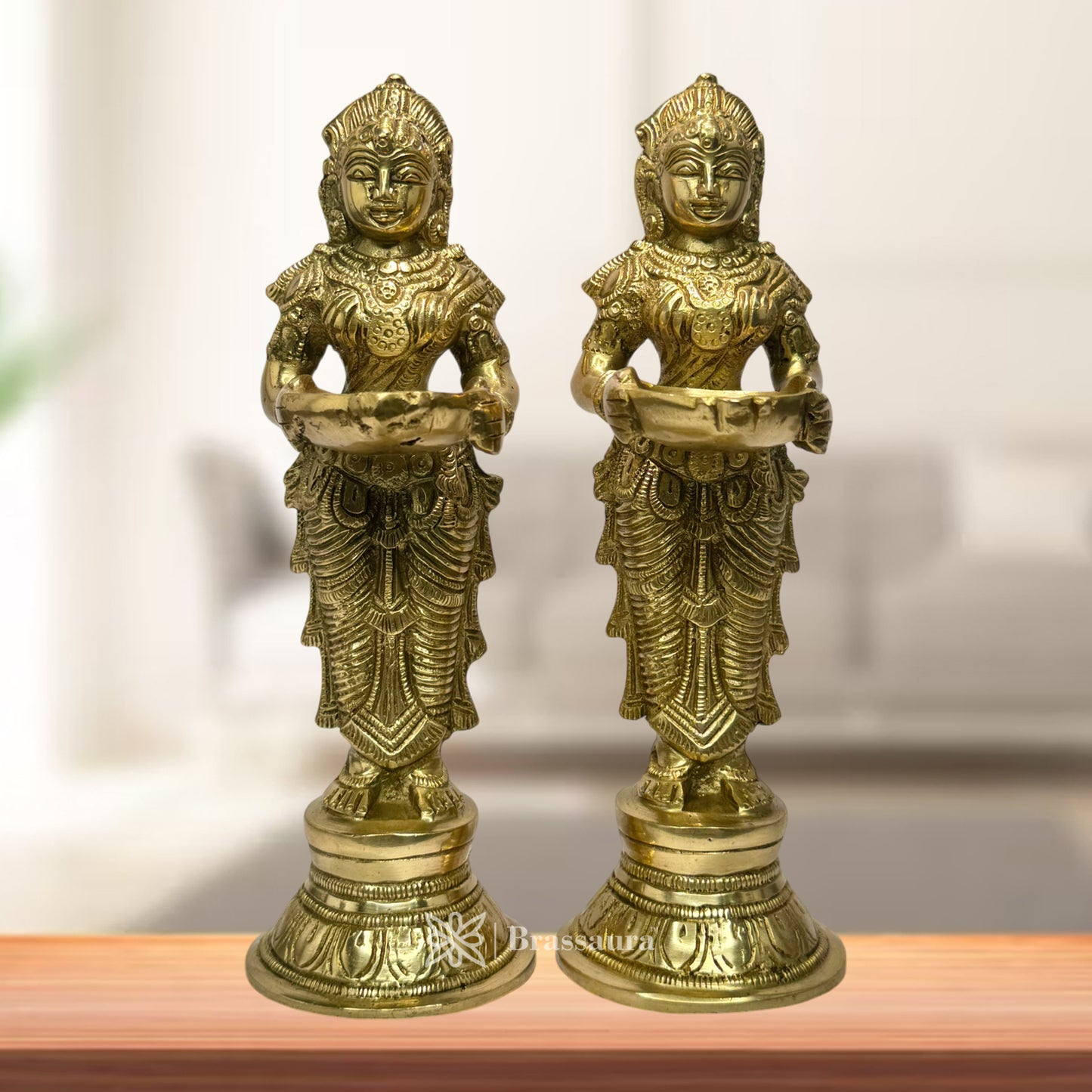 Brass Deep Laxmi Pair Meenakshi Devi Figurine Pair Holding Oil Diya for Pooja Height 25 cm Weight 3 Kg