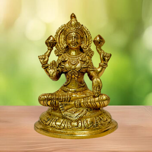 Brass Golden Sitting Laxmi MATA On Chowki Murti for Home and Decor Show Piece for Living Room  Height 24 cm Weight 3.44 Kg