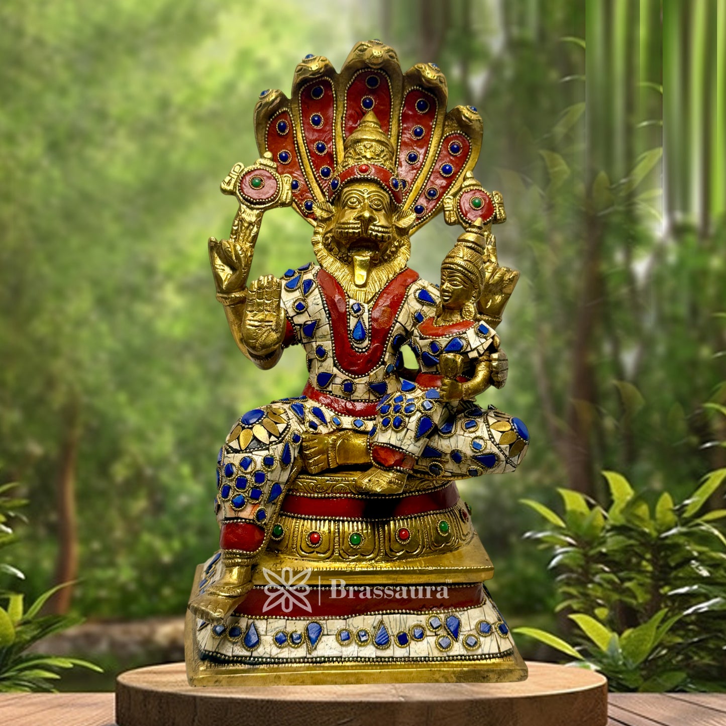 Brass Gem Stone Work Narasimha Murti for Home and Decor Height 31 cm and Weight 6.75 Kg