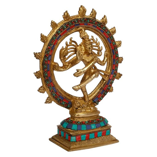 Brass Gem Stone Work Golden Dancing Natraj God Idols for Home and Decor Height 24 cm Weight 1.7 Kg
