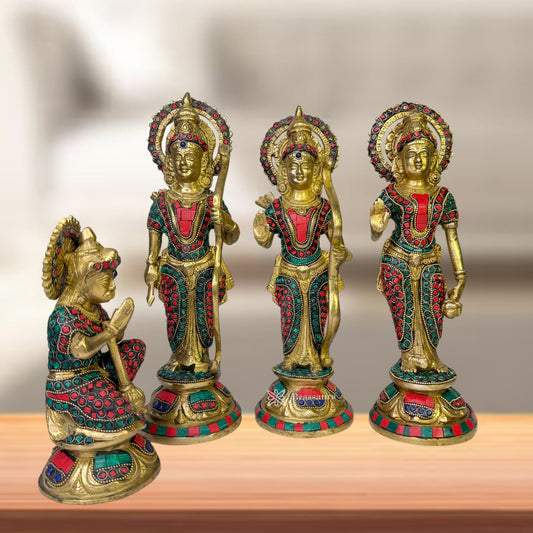 Brass Gem Stone Ram Darbar Statue for Home Decor Bhagwan Ram Darbar with Sita Laxman Hanuman Large Size Height 32 cm Weight 10 Kg