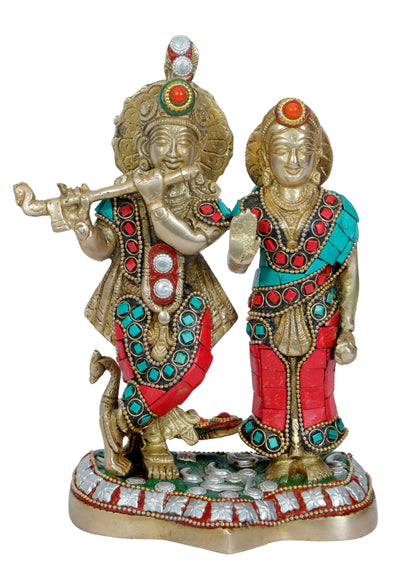 Brass Gem Stone Work Radha Krishna Murti Quality for Home Office Decor Weight 1.93 Kg Height 24 cm