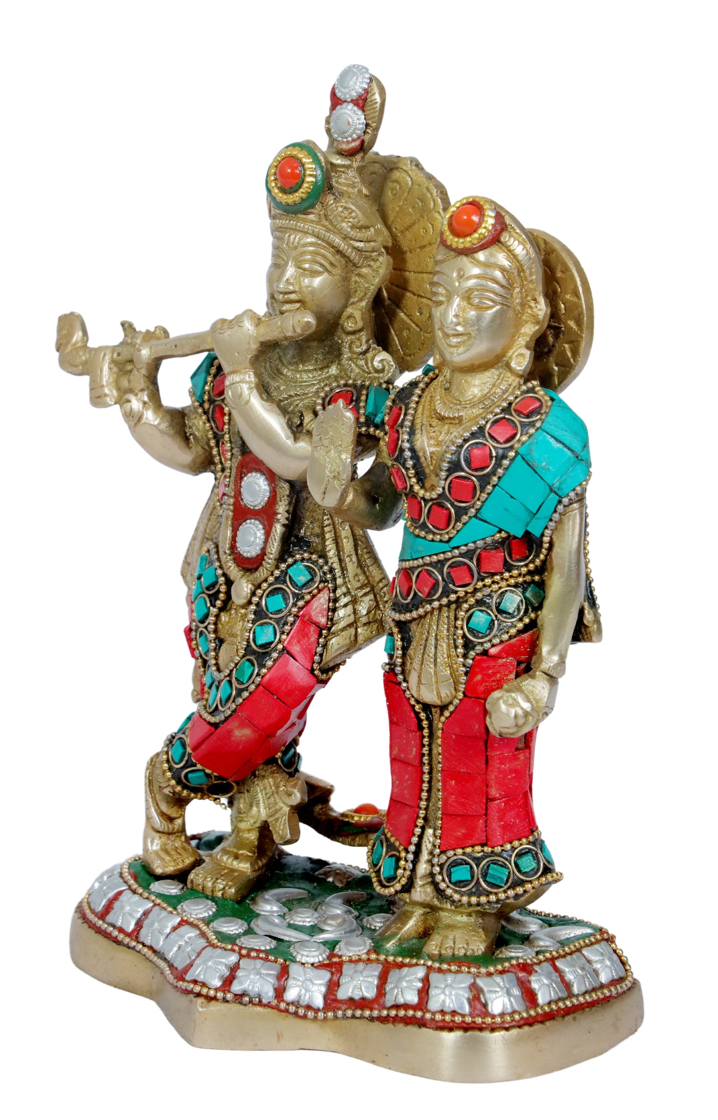 Brass Gem Stone Work Radha Krishna Murti Quality for Home Office Decor Weight 1.93 Kg Height 24 cm