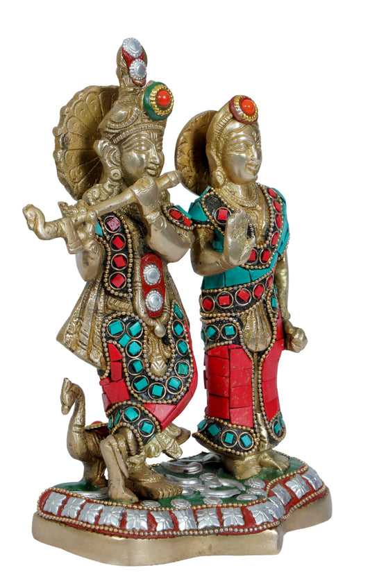 Brassaura™ Radha Krishna Murti with Gemstone Work | Pure Brass Handcrafted Idol | Height 24 cm (9.44 Inches) & Weight 1.93 Kgs