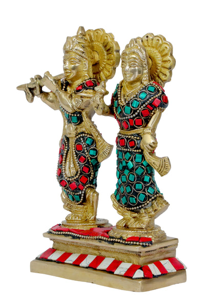 Brass Gem Stone Work Radha Krishna Murti Quality Home Office Decor Weight 1.41 Kg Height 28 cm