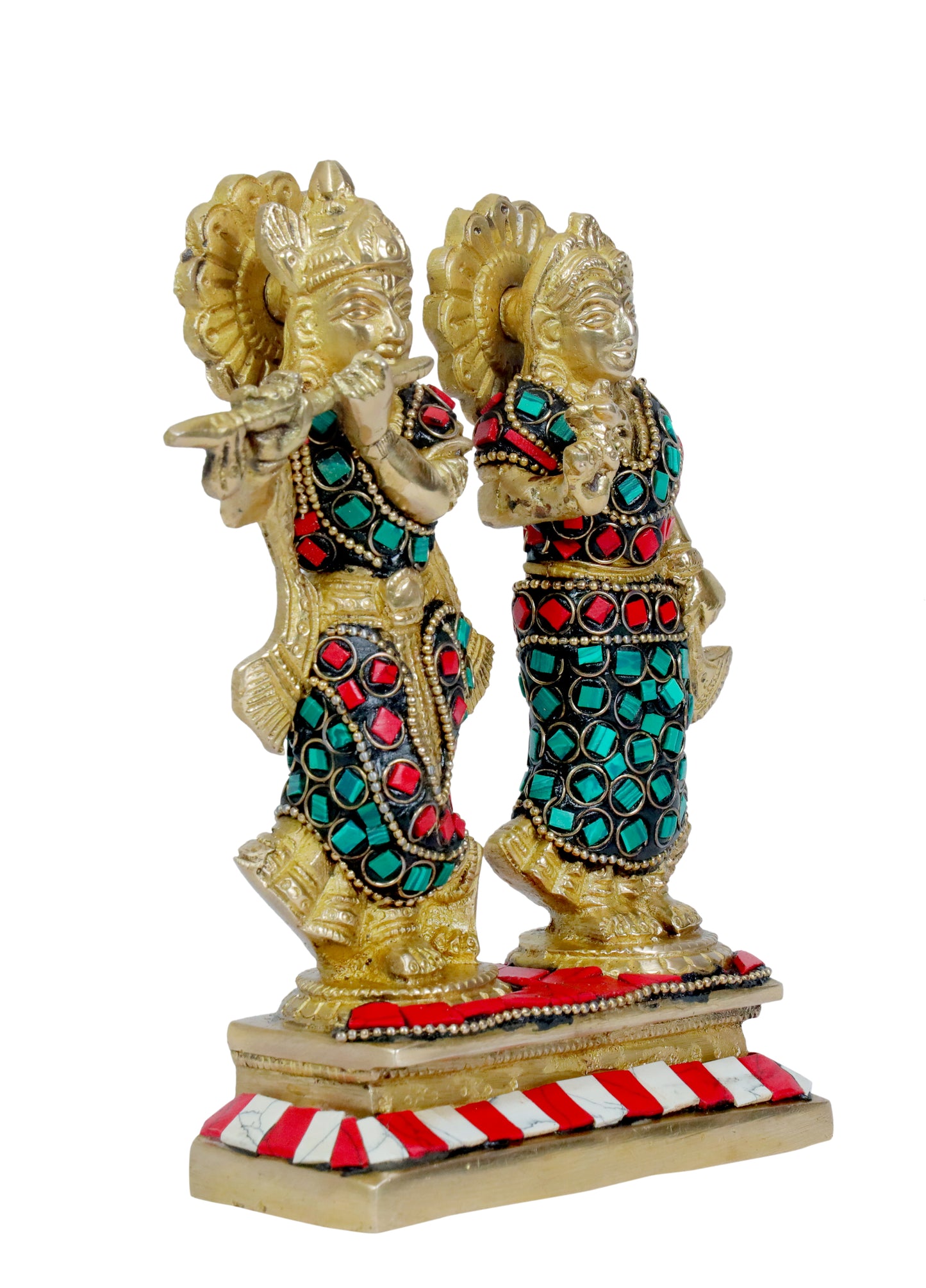 Brass Gem Stone Work Radha Krishna Murti Quality Home Office Decor Weight 1.41 Kg Height 28 cm