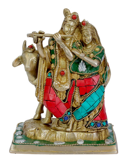 Brass Gem Stone Work Radha Krishna Murti Quality Home Office Decor Weight 2.14 Kg Height 22 cm