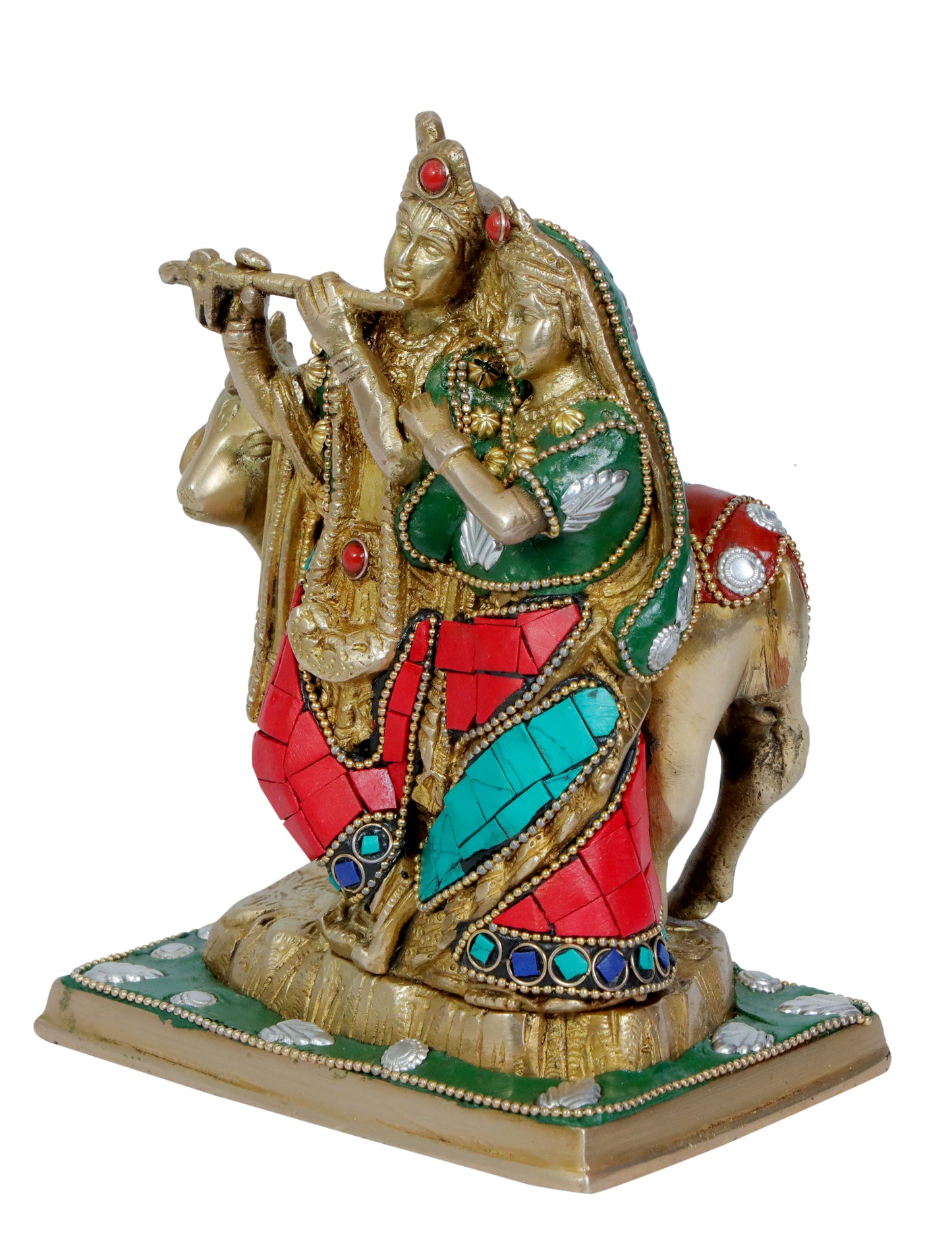 Brass Gem Stone Work Radha Krishna Murti Quality Home Office Decor Weight 2.14 Kg Height 22 cm