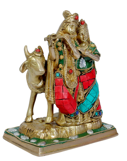 Brass Gem Stone Work Radha Krishna Murti Quality Home Office Decor Weight 2.14 Kg Height 22 cm