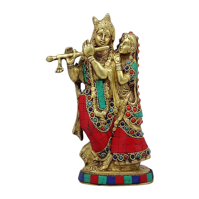 Brass Gem Stone Work Radha Krishna Murti Quality for Home Office Decor Weight 1.5 Kg Height 23 cm