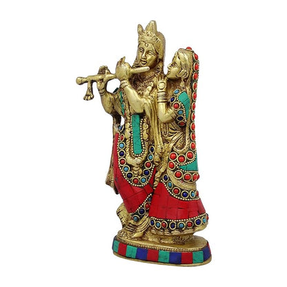 Brass Gem Stone Work Radha Krishna Murti Quality for Home Office Decor Weight 1.5 Kg Height 23 cm