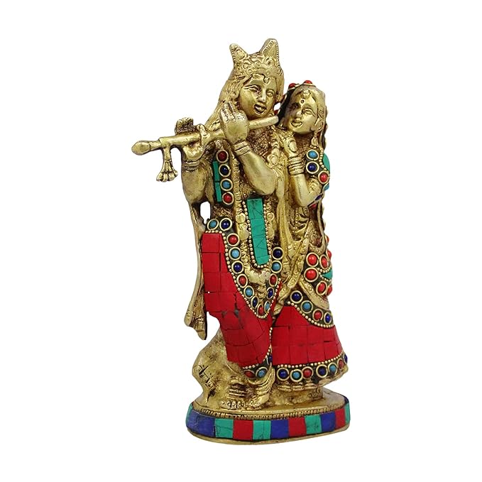 Brass Gem Stone Work Radha Krishna Murti Quality for Home Office Decor Weight 1.5 Kg Height 23 cm