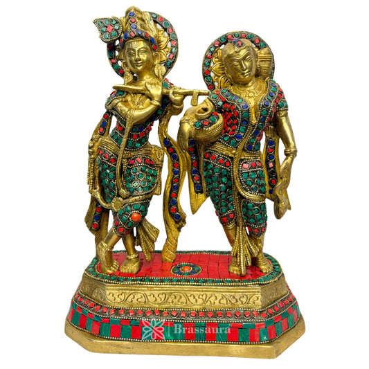 Brass Gem Stone Inlay Work Radha Krishna Bhagwan Murti Kishan Kanhaiya with Flute for Home Office Decor 4.98 kg Height 30 cm