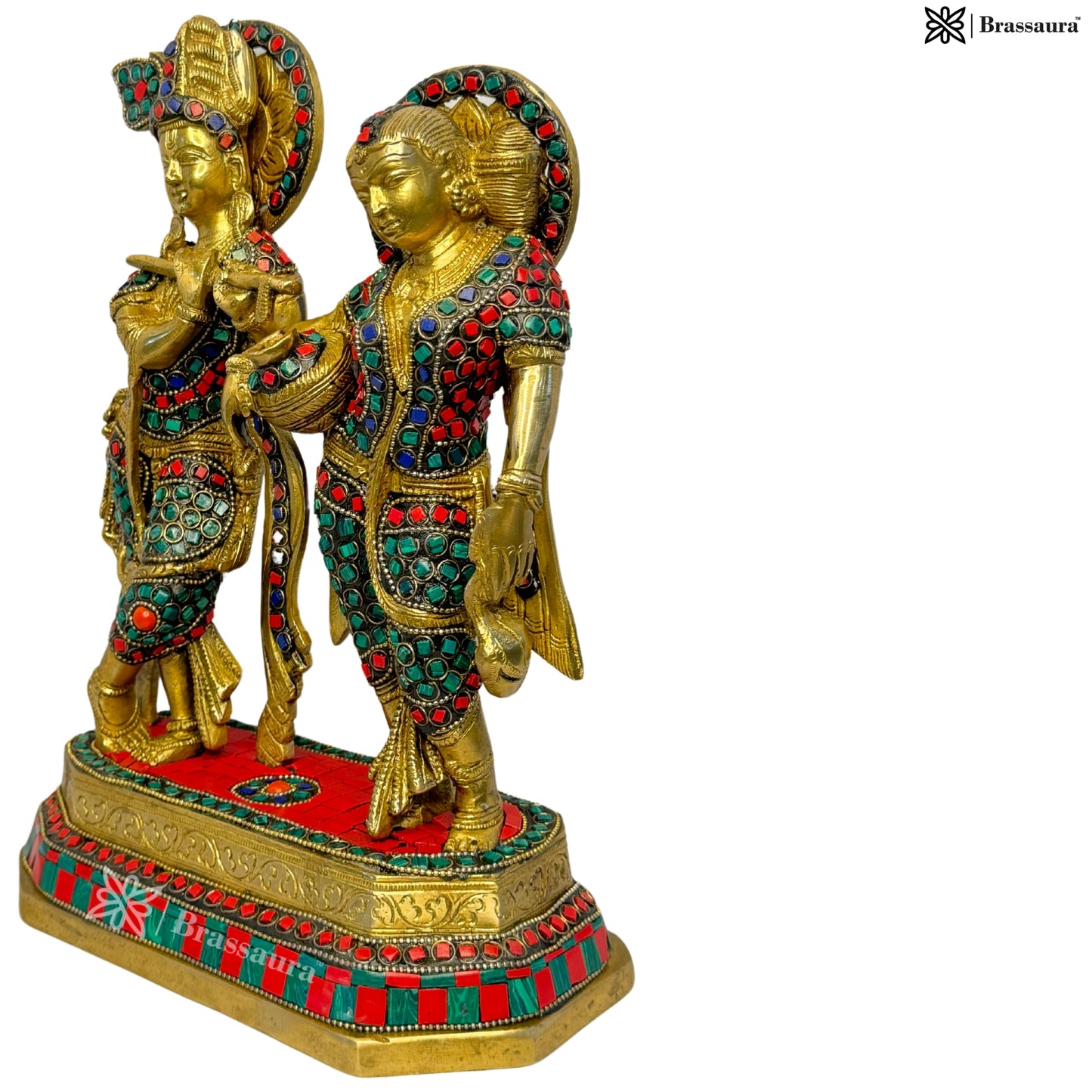Brass Gem Stone Work Radha Krishna Murti Kishan Kanhaiya with Flute for Home Office Decor 4.98 kg Height 30 cm