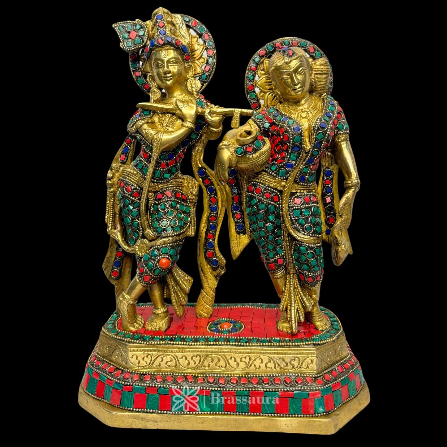 Brass Gem Stone Work Radha Krishna Murti Kishan Kanhaiya with Flute for Home Office Decor 4.98 kg Height 30 cm