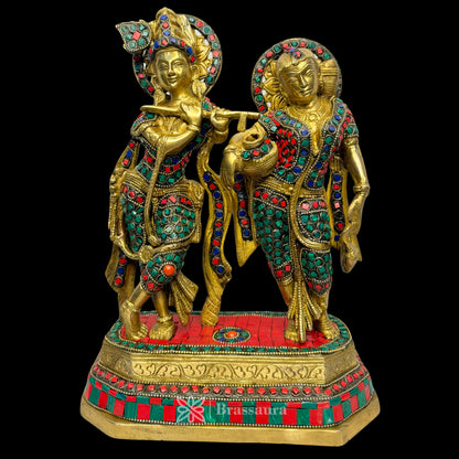 Brass Gem Stone Work Radha Krishna Murti Kishan Kanhaiya with Flute for Home Office Decor 4.98 kg Height 30 cm