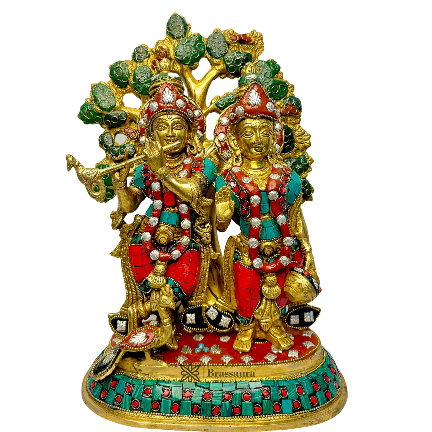 Brass Gem Stone Work Radha Krishna Murti Kanhaiya with Flute for Home Office Decor Weight 7.23 Kg Height 34 Cm