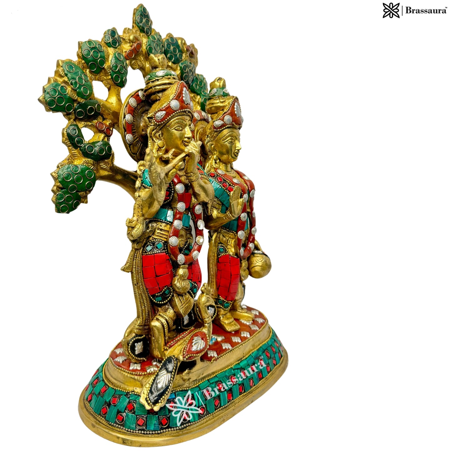 Brass Gem Stone Work Radha Krishna Murti Kanhaiya with Flute for Home Office Decor Weight 7.23 Kg Height 34 Cm