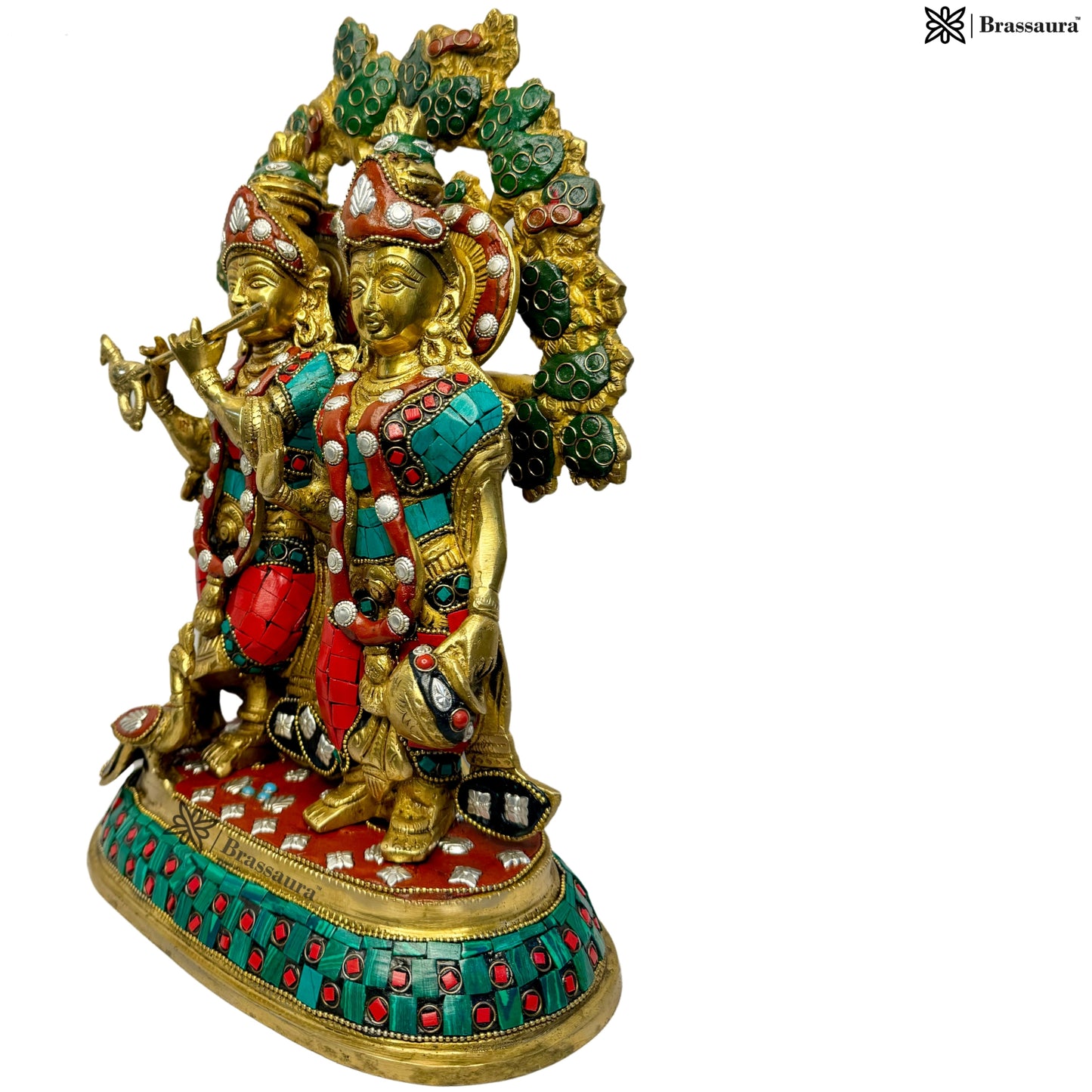 Brass Gem Stone Work Radha Krishna Murti Kanhaiya with Flute for Home Office Decor Weight 7.23 Kg Height 34 Cm