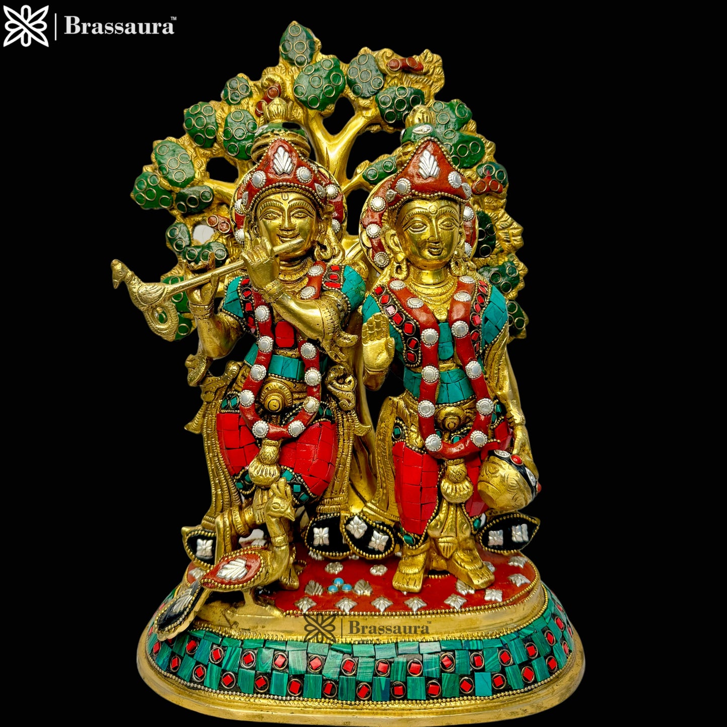 Brass Gem Stone Work Radha Krishna Murti Kanhaiya with Flute for Home Office Decor Weight 7.23 Kg Height 34 Cm