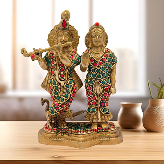 Brass Gem Stone Work Radha Krishna Playing Flute Weight 2.1 Kg And Height 7.5 Inch
