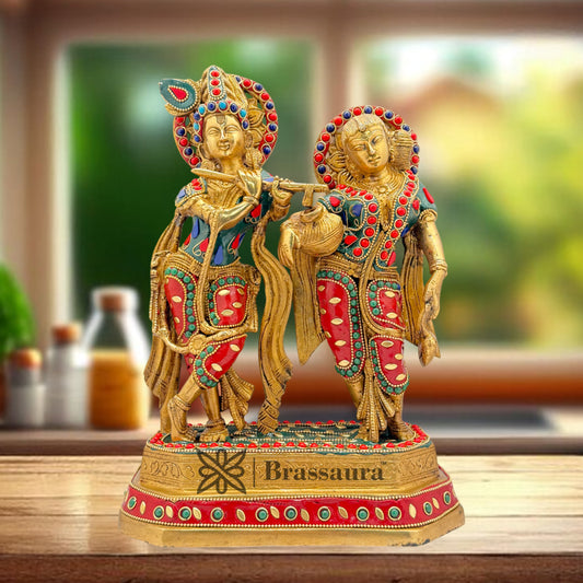 Brass Gem Stone Work Radha Krishna Playing Flute Weight 4.8 Kg And Height 12 Inch
