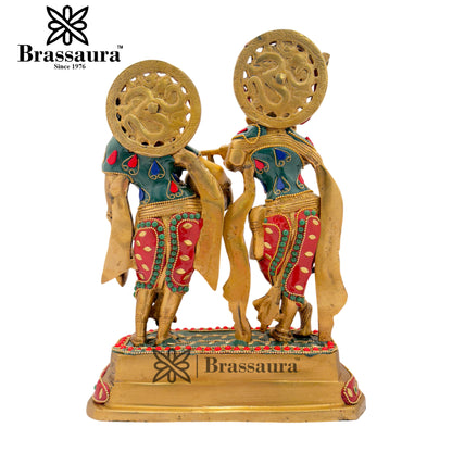 Brass Gem Stone Work Radha Krishna Playing Flute Weight 4.8 Kg And Height 12 Inch