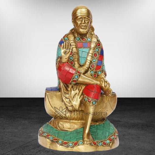 Brass Gem Stone Work Sai Baba Murti for Home and Decor Show Piece for Living Room Height 23 cm Weight 2.4 Kg