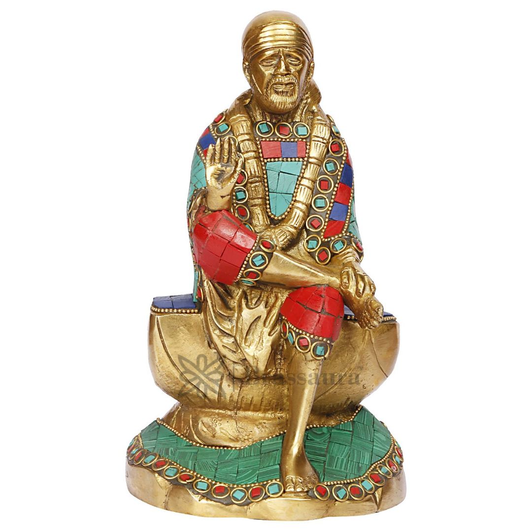 Brass Gem Stone Work Sai Baba Murti for Home and Decor Show Piece for Living Room Height 23 cm Weight 2.4 Kg